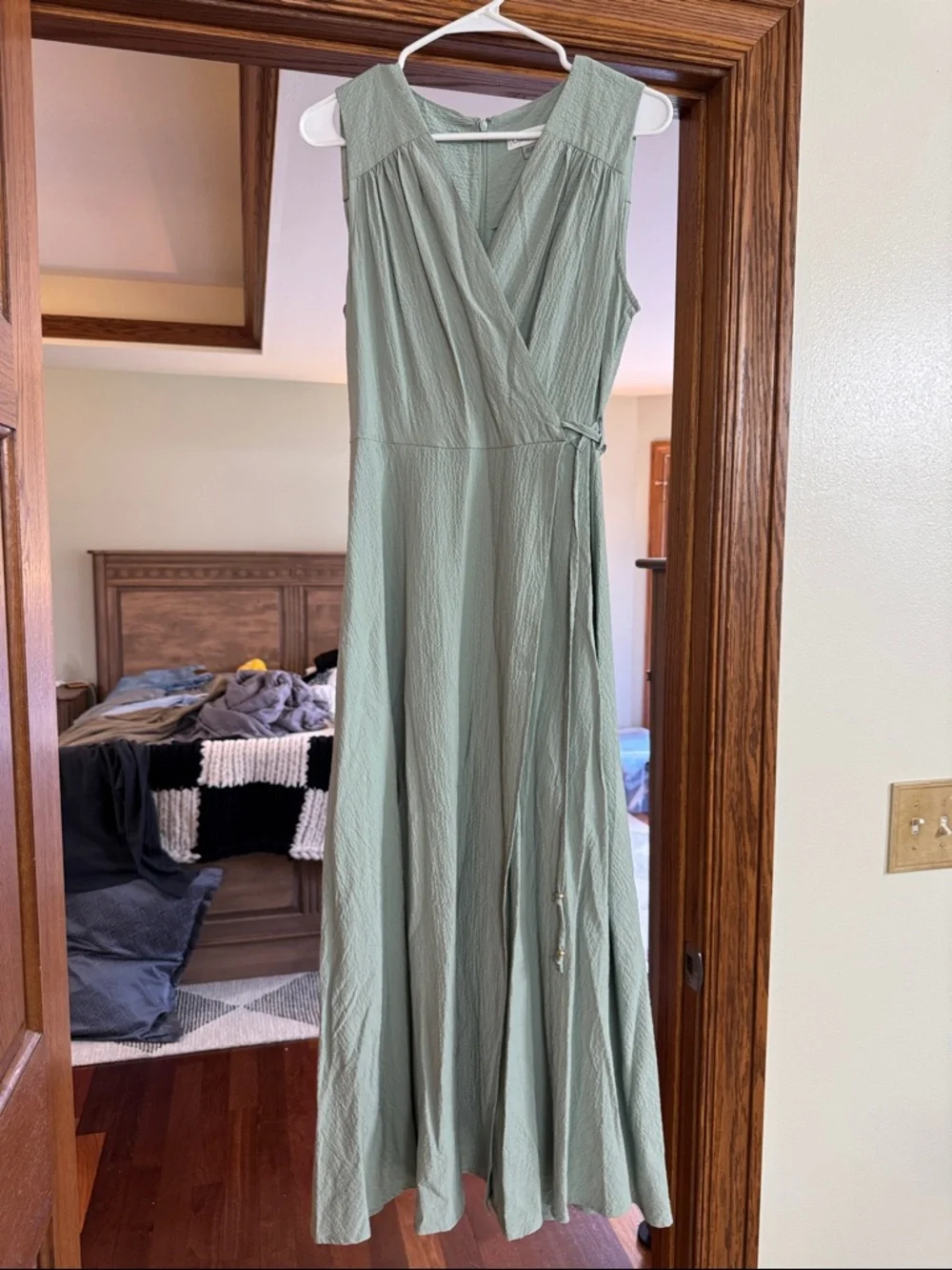 Calvin Klein Sleeveless Wrap Maxi Dress in Sage Green - Picture 1 of 6